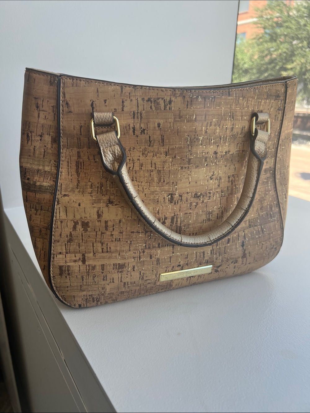 Anne Klein Brown Cork-Effect Shoulder Tote with Gold Hardware